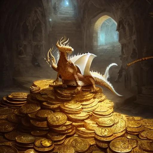 Image similar to concept art of a white scaled dragon laying on a mountain of golden coins and precious jewels inside a castle, medieval, jewels, gold, painting by wlop, nixeu and greg rutkowski, beautiful, semirealism, artstation, octane render, sharpness, 8 k, golden ratio