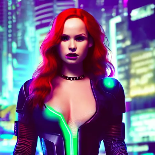 Image similar to madelaine petsch portrait, cyberpunk 2 0 7 7, cyberpunk judy alvarez, photorealistic, ultra detailed, neon, octane, bokeh, cinematic lighting, cyber, cyberpunk city, studio quality, feature, scars, cyberface, 8 k