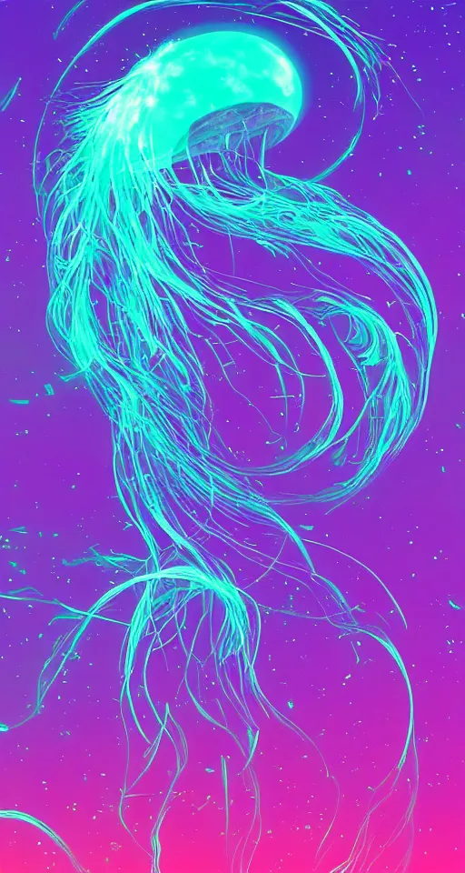 Prompt: the moon turning into a majestic jellyfish made out of the cosmos, drifting through a vaporwave ocean, vaporwave style, iphone wallpaper, digital art