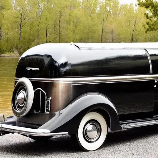 Prompt: photo of a black 1 9 3 6 chrysler airstream parked at a lake