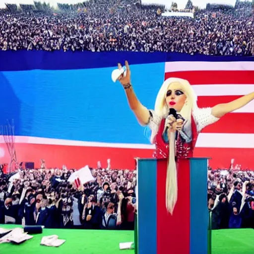 Image similar to Lady Gaga as president, Argentina presidential rally, Argentine flags behind, bokeh, giving a speech, detailed face, Argentina