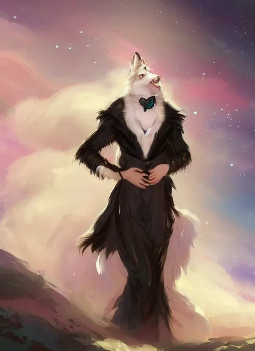 Image similar to beautiful wide angle full body portrait of a cute male anthropomorphic anthro border collie fursona wearing an evening gown in outer space, character design by charlie bowater, henry asencio, and ross tran, scenic background, detailed, glamor pose, aesthetic, furry, trending on artstation, furaffinity, deviantart