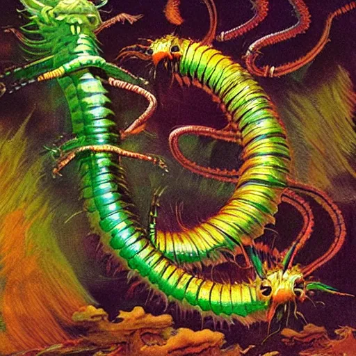 Prompt: a gigantic rainbow colored, iridescent, transparent centipede flying over a chasm, frills, fins, rainbow, antennae, dark, frank frazetta