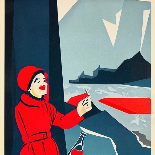 Image similar to a woman in a parka drinking a bottle of coke in an icy landscape, constructivist, russian, soviet advertisement, 1 9 5 0's