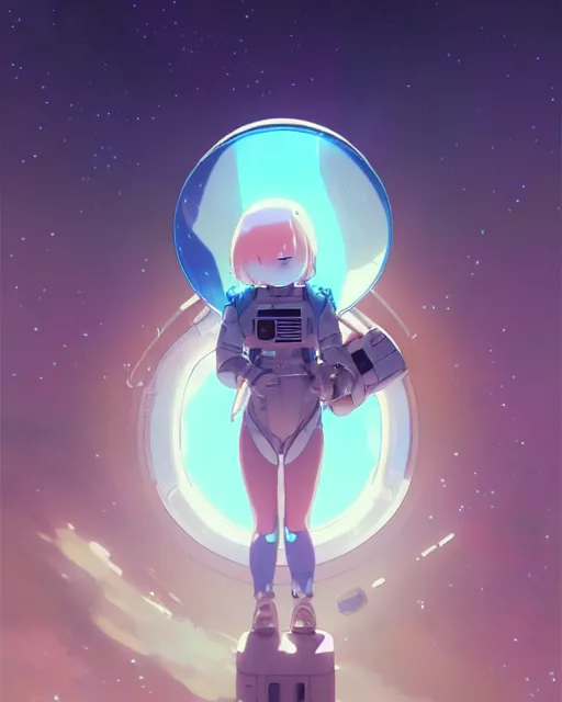 Prompt: a cute thicc astronaut alien girl, floating through empty space, backlit, epic photo ， by makoto shinkai an krenz cushart