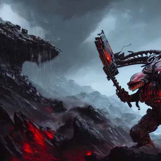 Image similar to A space marine fighting the Predator on top of a mountain, HD, cinematic, black clouds in the background, concept art, art by Leesha Hannigan and Greg Rutkowski, 8K, close up, incredibly high attention to detail, complex, good color blending, award winning artwork