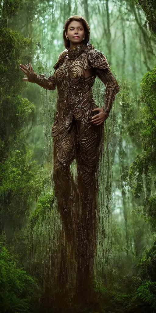 Image similar to full shot of a regal brown woman wearing an intricate and detailed armor made of dew drops. woman is standing in a lush green forest. multiple layers. reflections. morning dew. textures. delicate. translucent. extremely coherent. studio portrait. photorealistic. octane render