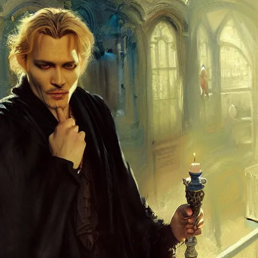 Image similar to detailed cinematic wide shot of beautiful attractive blonde vampire jhonny depp slim face symettrical face clean skin blue eyes black robe smooth, sharp focus, ultra realistic, spring light, painting by gaston bussiere, craig mullins, j. c. leyendecker