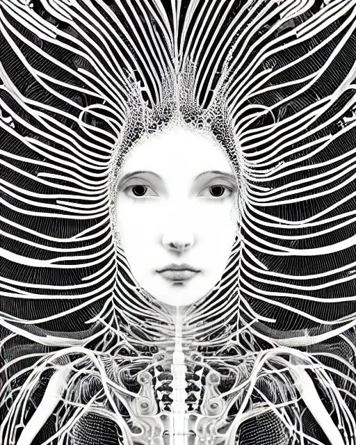 Prompt: mythical dreamy black and white organic bio - mechanical spinal ribbed profile face portrait detail of beautiful intricate monochrome angelic - human - queen - vegetal - cyborg, highly detailed, intricate translucent jellyfish ornate, poetic, translucent microchip ornate, artistic lithography