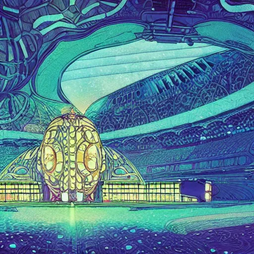 Prompt: boring stadium the lost society Spaceship Digital Matte Illustration, pastiche by Dan Mumford, pastiche by Louis Comfort Tiffany, pastiche by Victo Ngai, Precise and Intricate Linework, Art Nouveau Cosmic Nebula 4k Detailed Matte Illustration trending on DeviantArt ,CGSociety