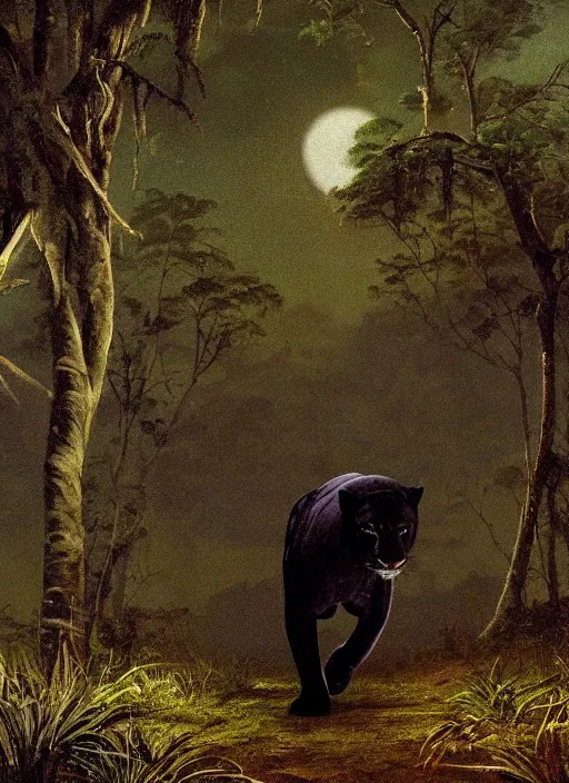 Prompt: a beautiful matte painting of a black jaguar walking in the jungle at night, with full moon in the sky, ayahuasca