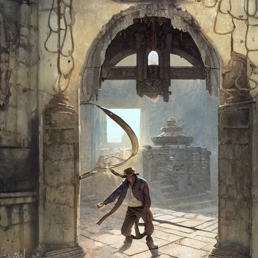 Image similar to indiana jones stealing a catalytic convertor, that is on a trapped pedastal, from inside a temple, painted by greg rutkowski