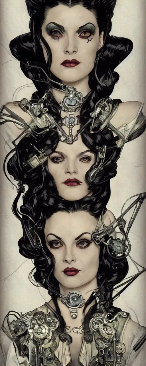 Image similar to a beautiful and captivating sci - fi art nouveau style portrait of lily munster as a futuristic gothpunk rebel soldier by chris achilleos, travis charest and alphonse mucha, mixed media painting, photorealism, extremely hyperdetailed, perfect symmetrical facial features, perfect anatomy, ornate declotage, circuitry, technical detail, confident expression, wry smile