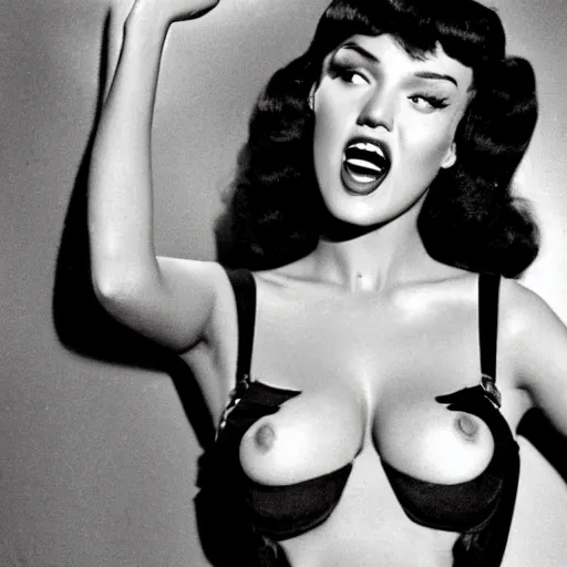 Image similar to a high def photo of Jessica Alba as Betty page as a Dominatrix in pause looking in shock and awe at her own bust that has just expanded to a 48GG from her normal C cup, vintage color photo, high detail, s&m setting