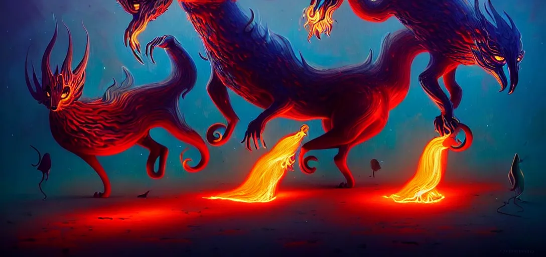 Prompt: strange fiery magical mythical beasts of whimsy, surreal dark uncanny painting by ronny khalil