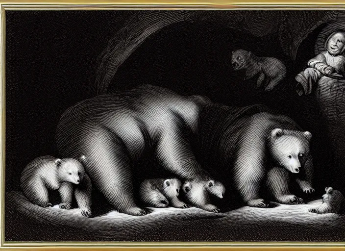 Image similar to Pieter Claesz's 'mother bear and her cubs sleeping in a dark cave', night time, cross hatching, framed