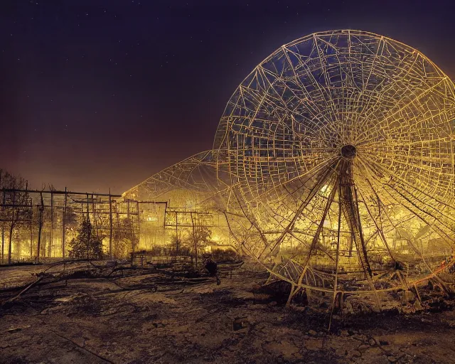 Image similar to national geographic color photo of the city of pripyat at night, long shutter