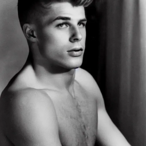 Image similar to a moderately handsome rebellious hot young guy, 1 9 5 8 photo