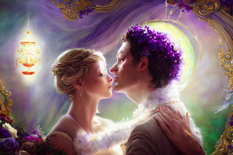 Image similar to a dreamlike cinematic portrait of wedding photograph close up moment of a divine a russia sun god and moon goddess lovers magician at a wedding banquet. portraiture. digital painting. artstation. concept art. fantasy wedding photo. digital painting, 8 k realistic, hyper detailed, violet evergarden art masterpiece by art by krenz cushart