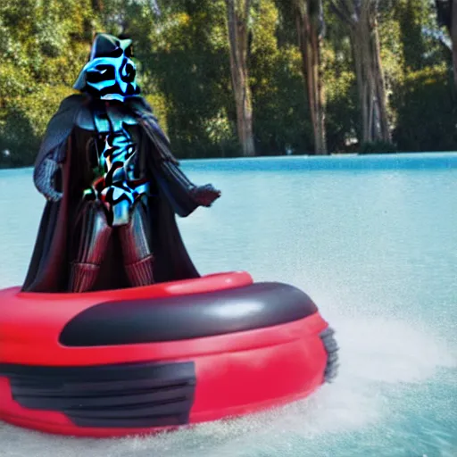 Image similar to darth vader riding in a bumper boat having fun