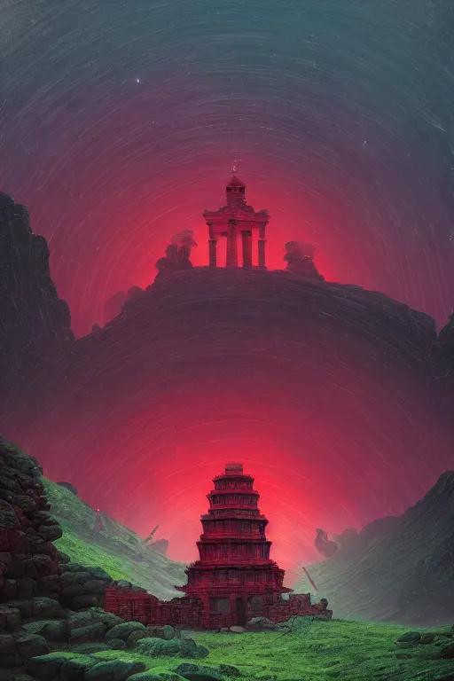 Image similar to red ancient temple, green hills, star trails, dramatic lighting, artstation, matte painting, caspar david friedrich, simon stalenhag