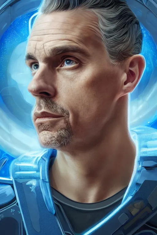 Image similar to portrait of Jordan Peterson as a futuristic airforce, inside future fighter, sci-fi, fantasy, intricate, very very alpha and sigma, elegant, human anatomy, royal blue light, highly detailed, digital painting, artstation, concept art, smooth, sharp focus, illustration, art by tian zi and WLOP and alphonse mucha