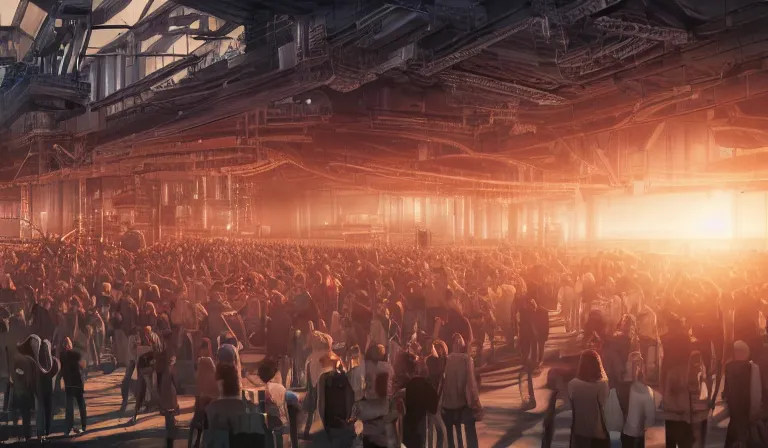 Image similar to crowd of people in simple warehouse, looking at hologram of futuristic city on a table, cinematic concept art, godrays, golden hour, natural sunlight, 4 k, clear details, tabletop model buildings, center model buildings, hologram center, crane shot, crane shot, crane shot