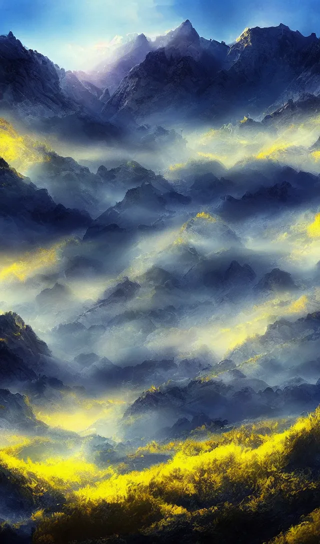 Image similar to magical landscape, mountains, misty, blue, yellow sky, digital art, high detail