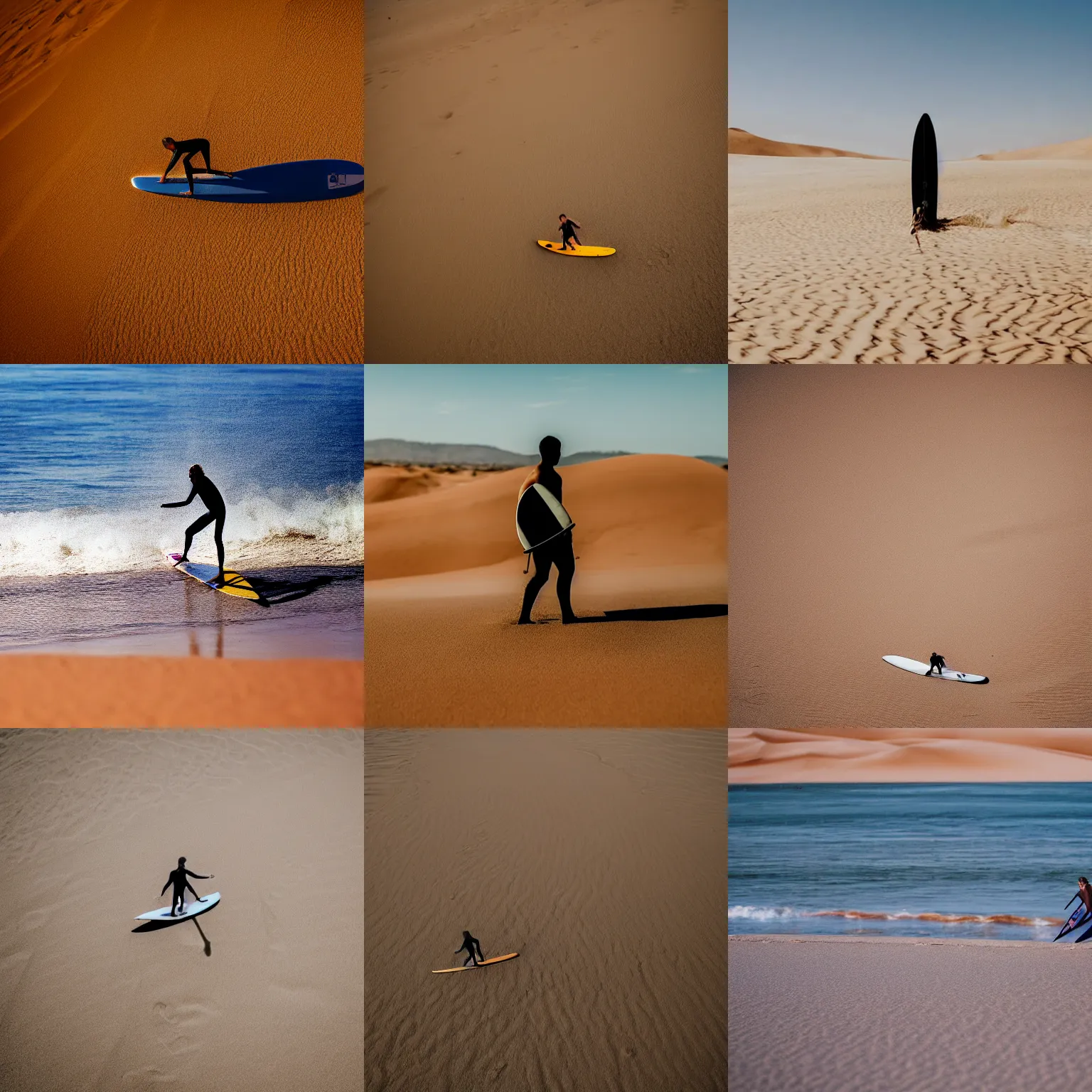 Prompt: photo of surfer on surfboard on waves of sand in desert