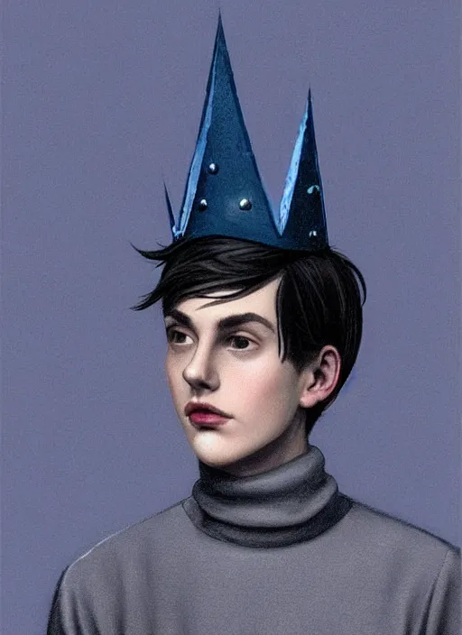 Image similar to portrait of teenage jughead jones wearing a light grey crown, crown, blue turtleneck, 1 9 5 0 s, closed eyes, photorealistic, black hair, glowing lighting, intricate, elegant, glowing lights, highly detailed, digital painting, artstation, concept art, smooth, sharp focus, illustration, art by wlop, mars ravelo and greg rutkowski