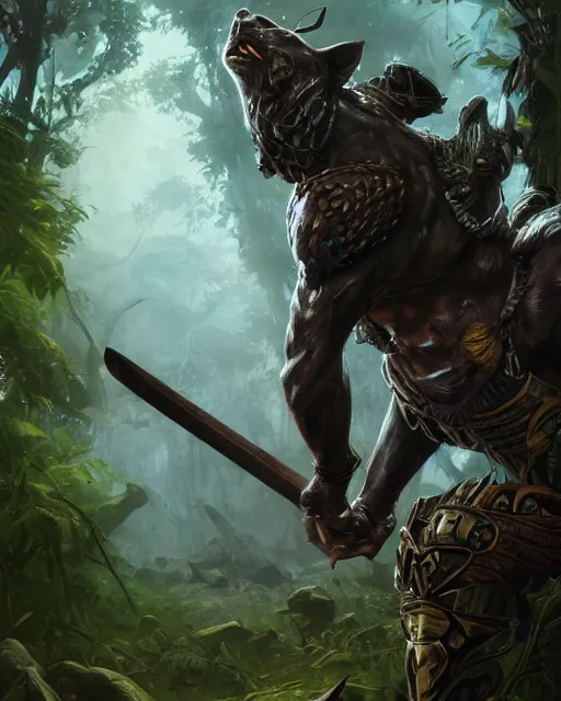 Image similar to Panther warrior in armor sneaking in jungle, portrait, magic the gathering artwork, D&D, fantasy, cinematic lighting, centered, symmetrical, highly detailed, digital painting, artstation, concept art, smooth, sharp focus, illustration, volumetric lighting, epic Composition, 8k, art by Akihiko Yoshida and Greg Rutkowski and Craig Mullins, oil painting, cgsociety