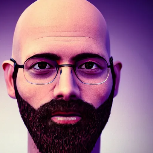 Prompt: photo portrait of bald bearded guy, glitchy, octanerender, 8 k, hyperrealistic