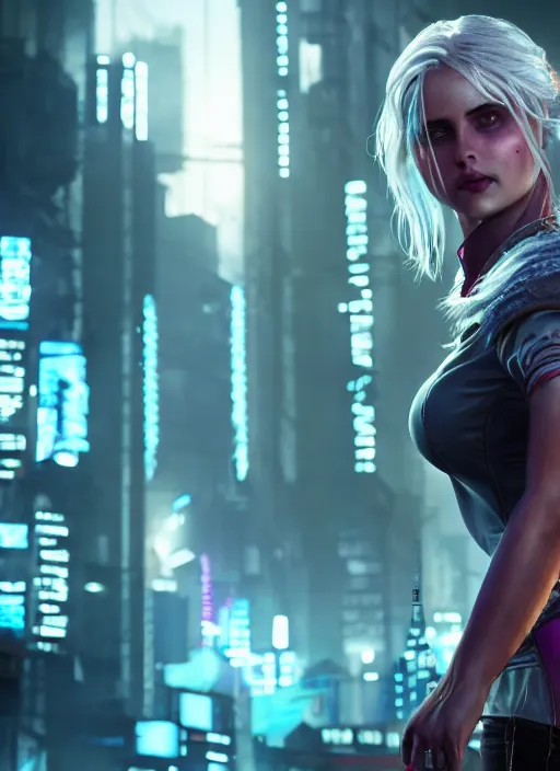 Image similar to ciri in a cyberpunk city full of neon. hyperrealistic oil painting, 4k, very detailed faces, studio lightning, award winning