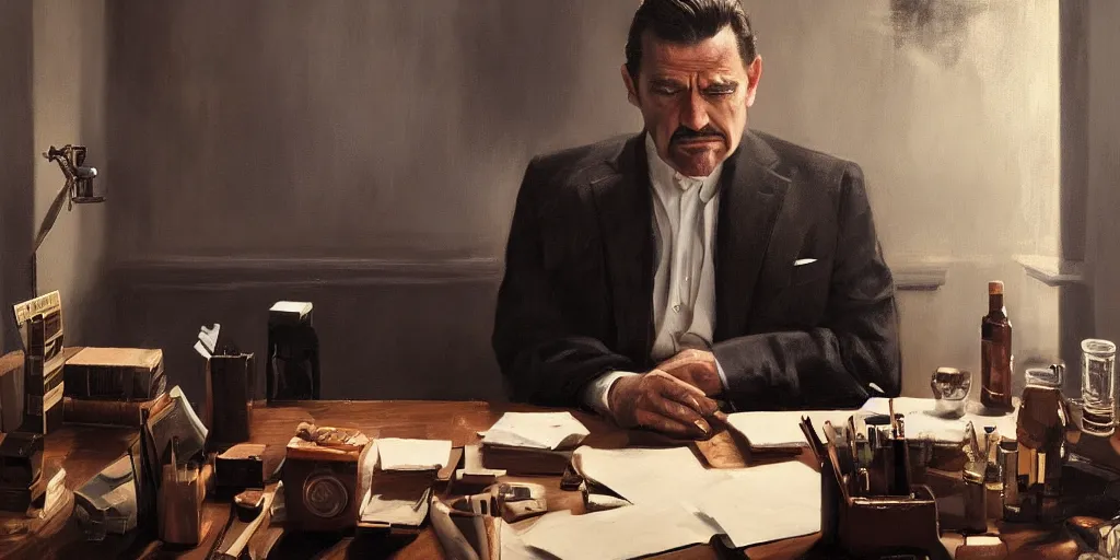 Prompt: beautiful oil matte portrait painting, mafia boss holding a cigar and drinking whiskey at his 5 0 s new york office desk, wonderful masterpiece highly detailed, beautiful cinematic light deep focus, elegant, digital painting, smooth, sharp focus, golden ratio, dramatic illumination, ultra realistic, 8 k, art by jimmy law