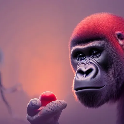 Prompt: a wholesome animation key shot of a gorilla holding a very small red mushroom, chilled out smirk on face, red headphones on head, studio ghibli, pixar and disney animation, sharp, rendered in unreal engine 5, anime key art by greg rutkowski, bloom, dramatic lighting