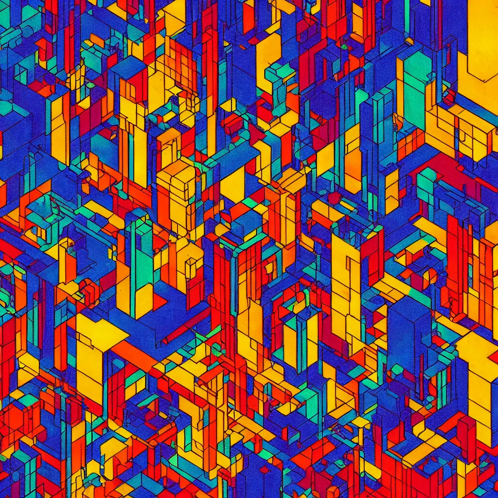 Image similar to isometric artdeco cyberpunk neon cathedral at night by frank lloyd wright, isometric, painted by piet mondrian