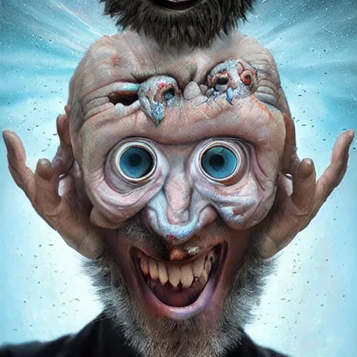 Image similar to michal karcz surrealism painting of the Jim Carrey as an all seeing God. His eyes are watching everything. , horror theme, detailed, elegant, intricate, 4k,