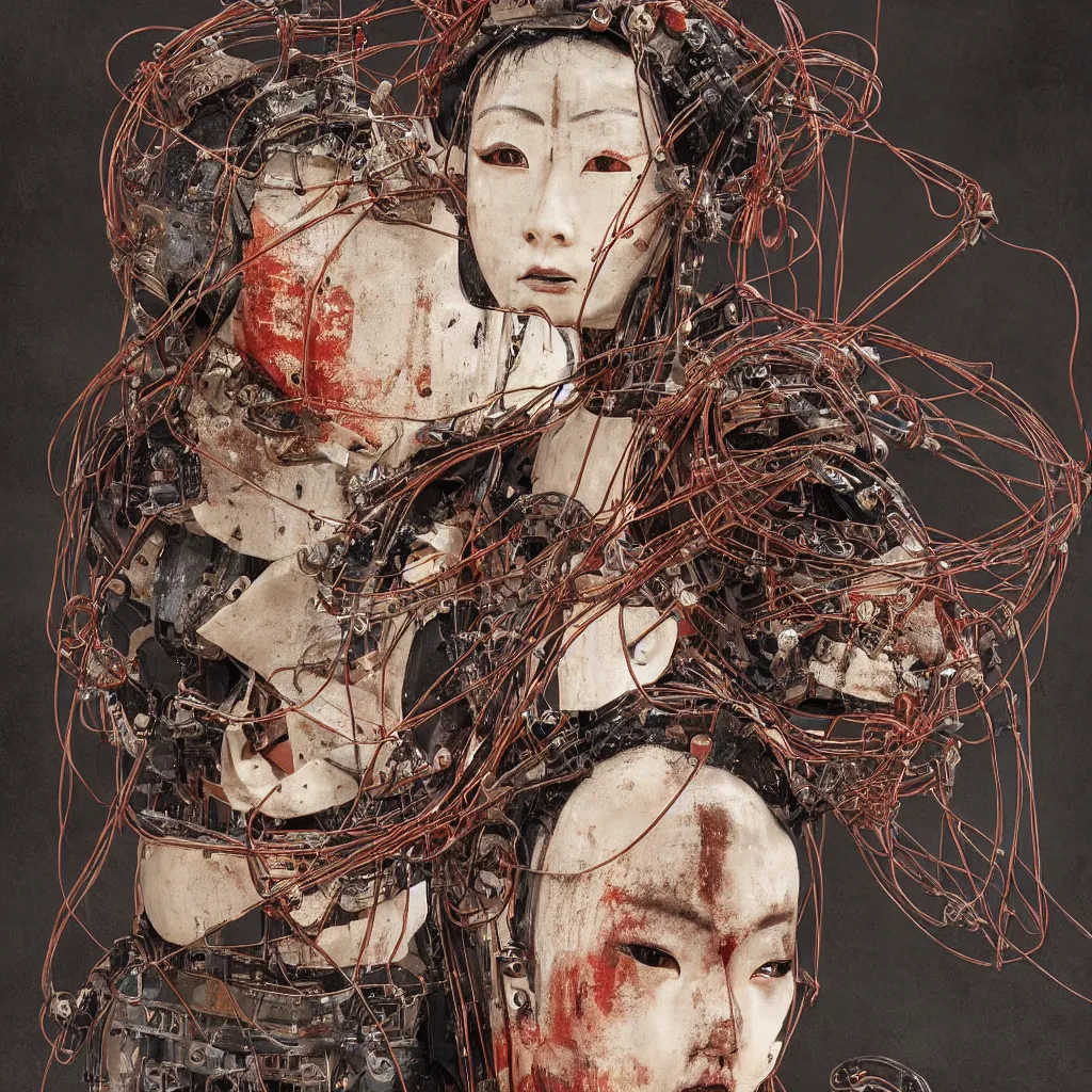 Image similar to Portrait of a slightly rusty, beaten-up Japanese robotic geisha with wires and actuators, dramatic lighting, hyper-realistic, ultra-realistic, concept art, intricate details, 8K Ultra High Definition, digital art