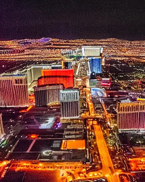Prompt: las vegas at night on fire, shot from drone, grainy, polaroid, zoomed in