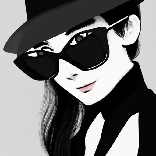 Prompt: beautiful anime version of audrey hepburn with hat and sunglasses drawn by ilya kuvshinov