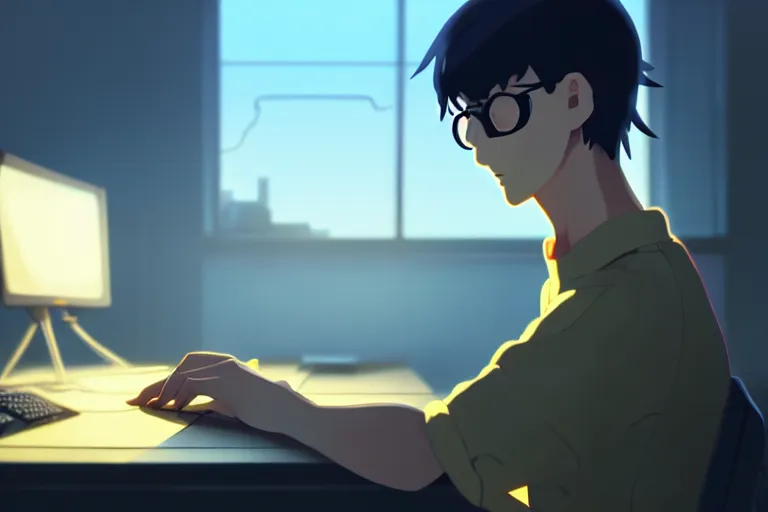 Image similar to a nerdy boy is programming at a computer in a room full of gadgets, by makoto shinkai and ghibli studio, dramatic lighting, highly detailed, incredible quality, trending on artstation