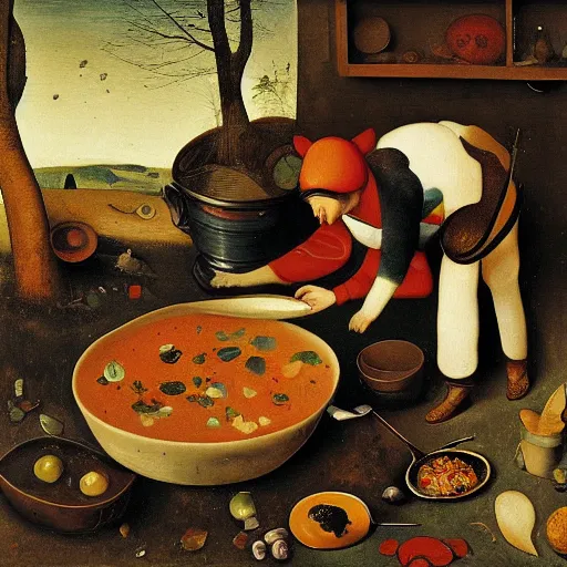 Prompt: the cat cooks soup, stirring a pot with a ladle and cutting vegetables, oil painting, drawn by Bruegel