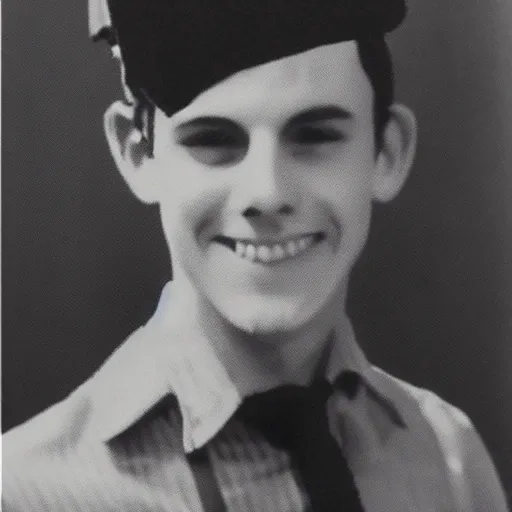 Prompt: a yearbook photo of Jughead Jones in 1966, he is wearing a felt crown on his head