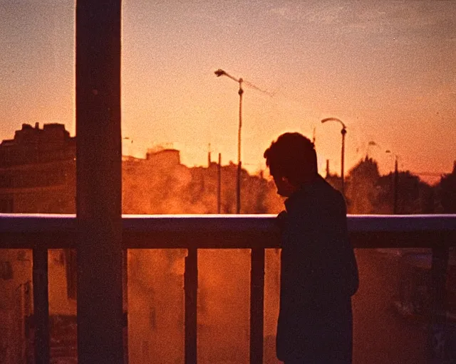 Image similar to lomo photo of pair standing on small hrushevka balcony full with cigarette smoke in small russian town looking at sunset, cinestill, bokeh