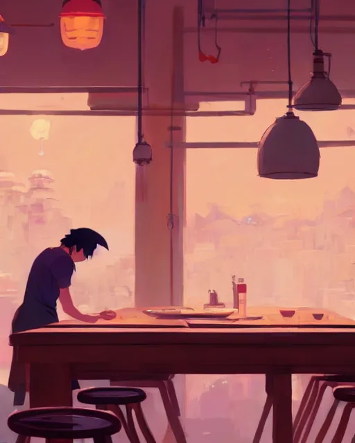 Image similar to a man cleaning the table in his ramen shop, cory loftis, james gilleard, atey ghailan, makoto shinkai, goro fujita, studio ghibli, rim light, exquisite lighting, clear focus, very coherent, plain background, soft painting