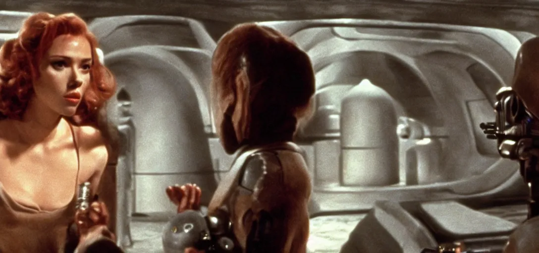 Image similar to a still of Scarlett Johansson in the cantina speaking to an alien in Star Wars (1977)