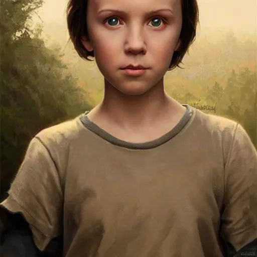 Image similar to Beautiful hyperrealistic detailed matte portrait painting of Millie Bobby Brown kid with short straight hair by andreas rocha and john howe and Martin Johnson