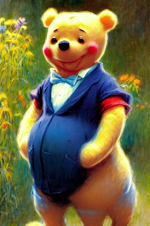 Prompt: soft colorsphotograph imax and solomon joseph solomon and richard schmid and jeremy lipking victorian loose genre loose painting full length portrait painting of winnie - the - pooh disney