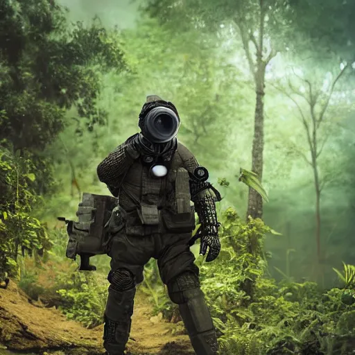 Prompt: a heavily armored man wearing a gasmask, in the jungle, realistic octane render, high detaul