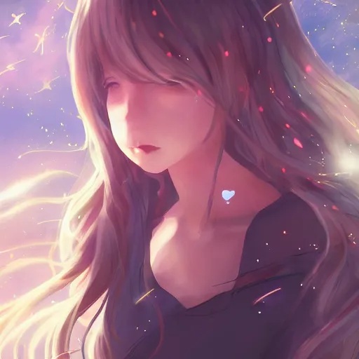 Image similar to anime, full body, bunny girl, a cute female trying to kissing the camera, shooting star in background, long wavy hair, light and shadow effects, highly detailed, digital painting, art station, sharp focus, high quality, frontal view, illustration, concept art, wlop